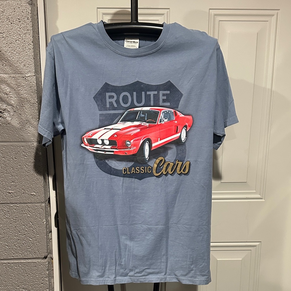 Blue Graphic T-Shirt with Red Car Design